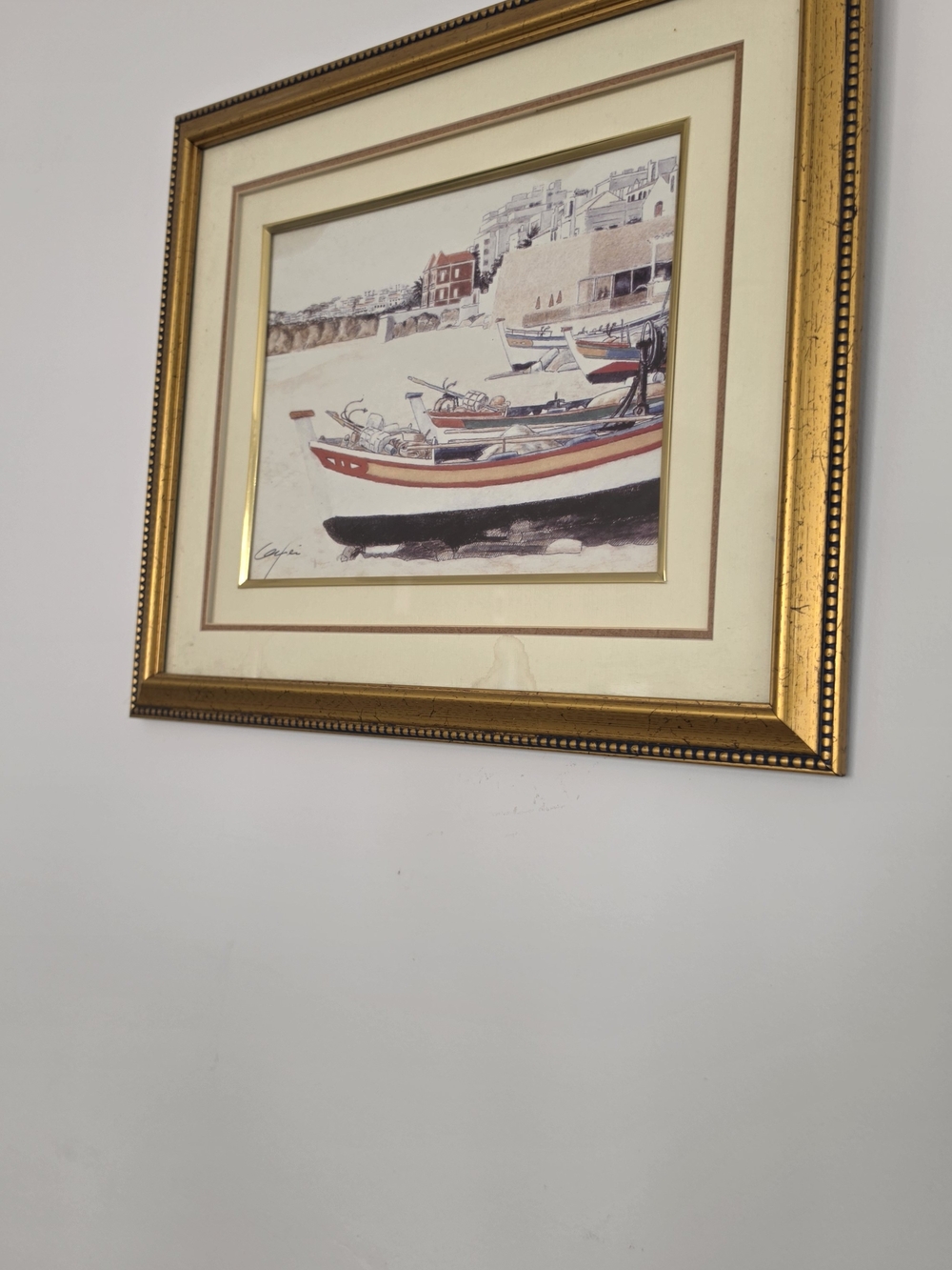 VINTAGE Framed Seaside Boat Print in Gold Frame (NWOT)